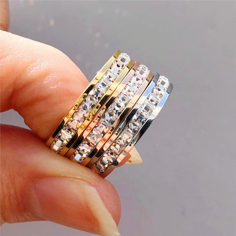 Stainless Steel Triple Row CZ Ring for Engagement & Wedding